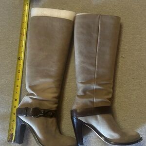 Nike Air high heeled grey leather boots with ankle buckle, size 7.5